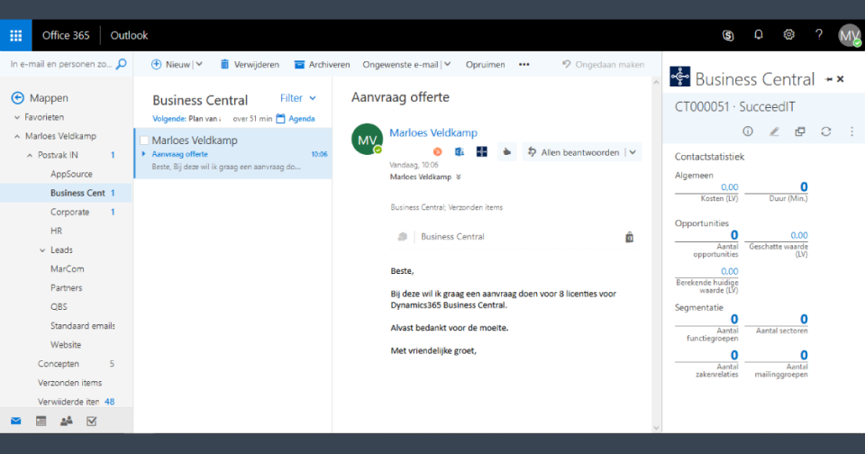 Dynamics 365 Business Central in outlook Online